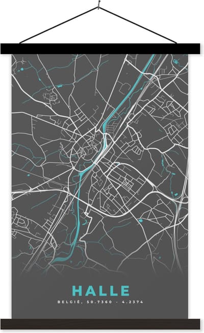 Posterhanger incl. Poster 40x60 cm - Schoolplaat - België – Halle – Stadskaart – Kaart – Blauw – Plattegrond - Textielposter - Zwarte latten - Stadskaart