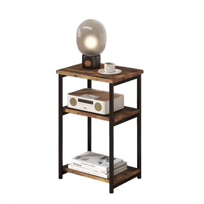 Smal Bijzettafeltje 3-Laags - Voor Slaapkamer & Woonkamer - Houten Nachtkastje met Opbergplank en Metalen Frame - Bruin