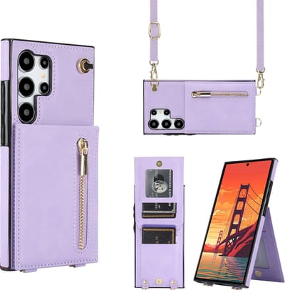 Multimedia & Accessoires Stijlvolle Leren Fashion Backcover Case Hoesje met Koord, Stand Ritsvak en Pasjeshouders geschikt voor Samsung Galaxy S24 Ultra - Paars