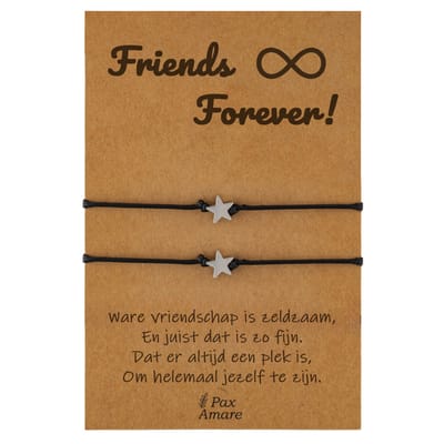 Vriendschapsarmbandjes voor 2 " Friends Forever ∞" - Sterretjes - BFF Armbandjes met Persoonlijk Cadeau Kaartje - Zilverkleurig - Elastisch Verstelbaar - Pax Amare