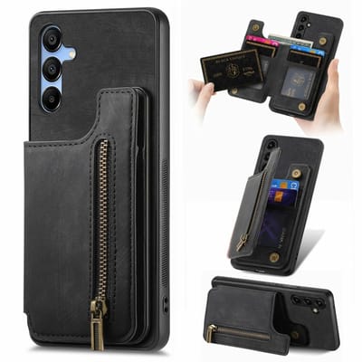 Silicone TPU en kuntleer kickstand retro zwart back cover hoesje case met rits - pasjeshouder - telefoonhoesje geschikt voor de Samsung Galaxy A16