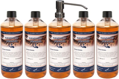 Handzeep Orange 500 ml - set van 5 stuks - met gratis RVS zilverkleurige pomp - Voordeelverpakking