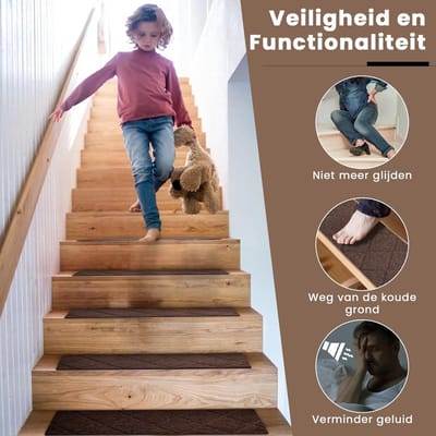 Candala Antislip Traptredenmatten set van 15, Zelfklevende Trapmatten Binnen, Trap Mat Snijdbaar & Herbruikbaar voor Bescherm Huisdieren, Senioren Kinderen (Donkerbruin, 55 x 19 cm)