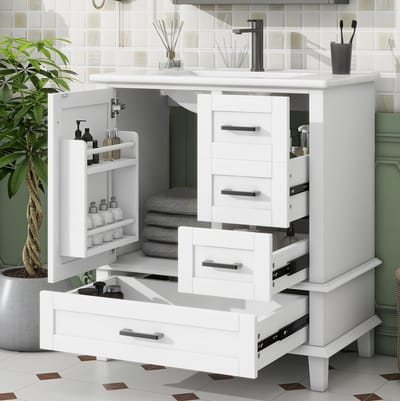 DESMIU Badkamerkast - Vrijstaand Wastafelmeubel Met Geïntegreerde Keramische Wastafel En 3 Lades - Voor Badkamer - MDF Wit - 76x46x83,5 Cm