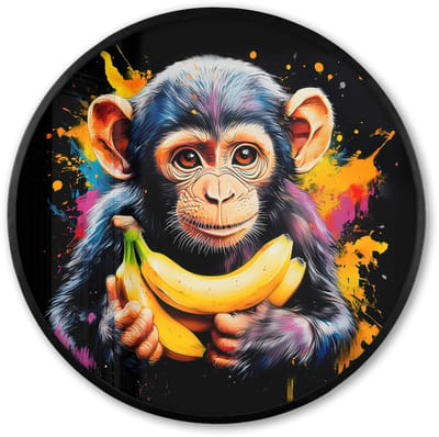 Poster in lijst Rond - Fotolijst 60x60 cm - Posters - Aap - Graffiti - Kleurrijk - Bananen - Modern - Ronde posterlijst zwart - Decoratie - Wanddecoratie woonkamer - Muurdecoratie slaapkamer