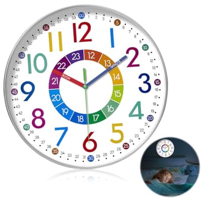 longziming -Educatieve Kinderwandklok 25 cm – Stille Wandklok met 12/24 Uur Aanduiding – Grote Cijfers – Leerzaam Kloklezen – voor Kinderkamer en School
