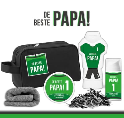 Geschenkset "De beste papa" - 5 Producten - 800 Gram - Triomf Cosmetica | Cadeau Man Cadeau Vader Verjaardag Vaderdag Toilettas Cadeautje man Topper Allerliefste Allerbeste Sterkste Papa Douchegel Bodylotion Styling gel pakket Nummer 1 Groen