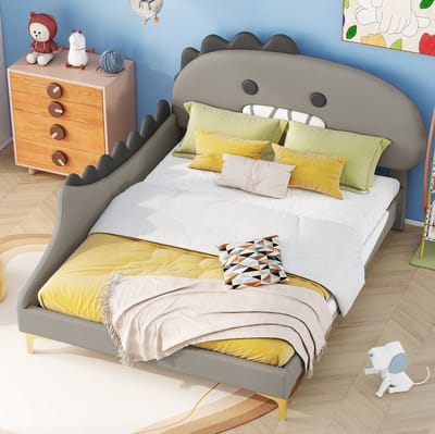 MEUNIQ Kinderbed 140 x 200 cm in dinosaurusvorm met PU en MDF, flach bed voor kinderkamer in grijs