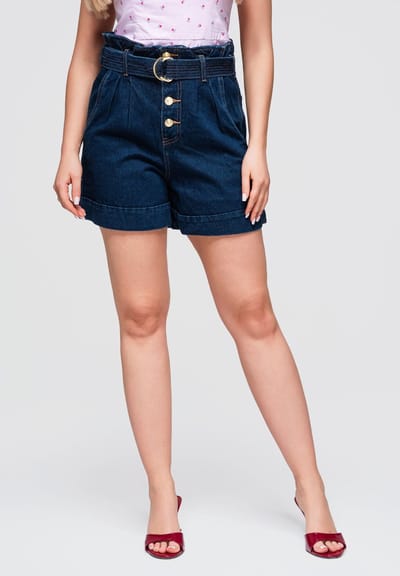 OMBRE Korte Broek - Loose Fit - Katoen - Knopen Donkerjeansblauw XS