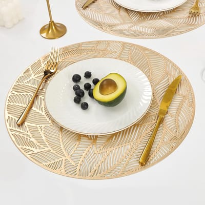 Set van 6 placemats - Metallic placemats - Gelamineerde placemats met bladmotief - Geïsoleerde placemats - Goudkleurig - Rond - Diameter 38 cm