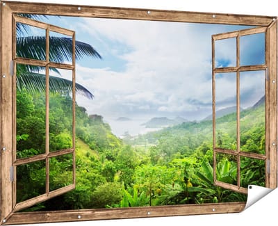 Gards Tuinposter Doorkijk Jungle Uitzicht op de Seychellen - 180x120 cm - Tuindoek - Tuindecoratie - Wanddecoratie buiten - Tuinschilderij