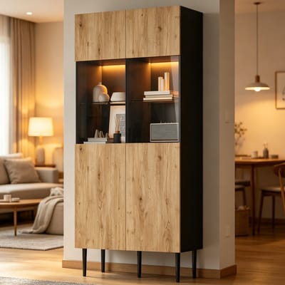 HAUSS SPOLE Vitrinekast - Met Ledverlichting En 10 Opbergvakken - Voor Woonkamer En Eetkamer - MDF En Glas - 80x35x180 Cm