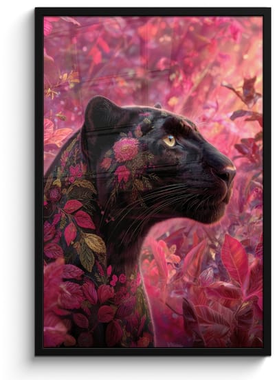 Poster in lijst - Fotolijst 60x90 cm - Posters - Luipaard - Bloemen - Roze - Posterlijst zwart - Decoratie - Wanddecoratie woonkamer - Muurdecoratie slaapkamer
