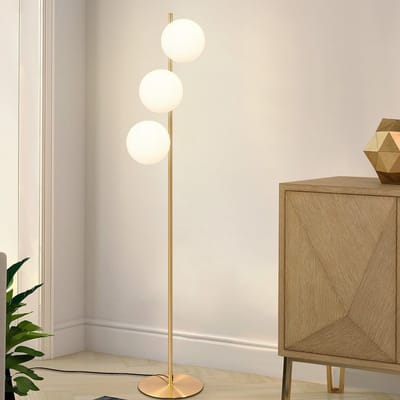 NETTLIFE Vloerlamp - goud - E27 Fitting - 3-Lichts - met glazen Lampkap - Vintage Leeslamp - met kabel 2M - met Voetschakelaar - voor Slaapkamer | Woonkamer - Zonder Lichtborn - 150cm