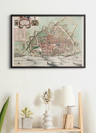 Poster In Zwarte Lijst - Historische Oude Kaart Nijmegen - Stadsplattegrond - 1649 - Large 50x70 cm - Plattegrond