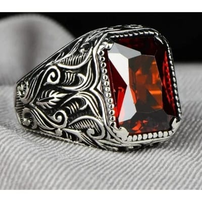 Bague Turque Faite à la Main Rétro pour Homme Bague à Motif Sculpté Vintage Zircon Synthétique Rouge Bagues Rock Punk Musulman Islamique Bijoux de Mariage 9 gray