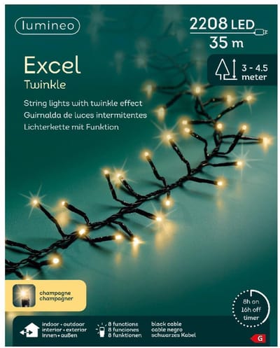 Lumineo kerstverlichting LED twinkel 2208 lampjes 35m champagnekleur.