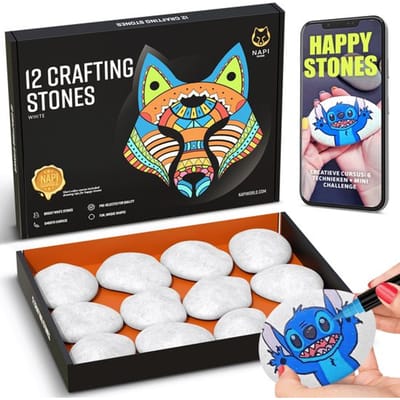 NAPI Happy Stones Stenen - 12 Witte Keien - Inclusief Cursus: Stenen Schilderen - Gladde Egale Keien - Pakket - Beach Pebbles - 4 tot 8cm - Wit