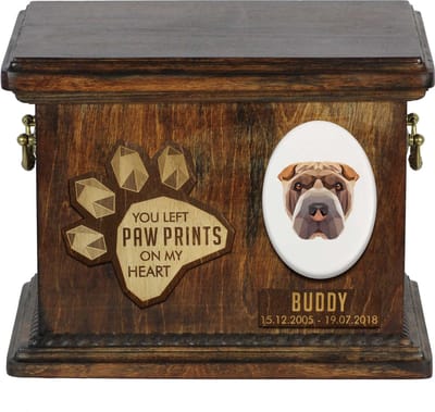 Persoonlijke urn hond voor Shar Pei-hondenas, met gravure en gedenkdoos