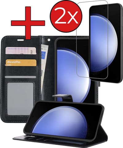 Hoesje - Met 2x Screenprotector - Geschikt voor Samsung Galaxy S23 FE - Luxe Pasjeshouder - Flip Case - Bookcase Portemonee - Kunstleer Book Case - Flipcase Hoes - Book Cover - Walletcase - Portemonneehoes - Telefoonhoes - Zwart