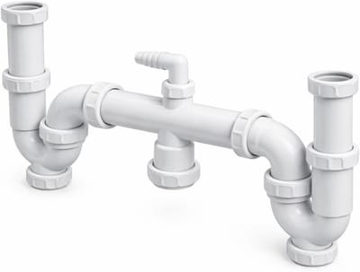 Dubbele sifon gootsteen - Wit - PVC - Dubbele gebogen afvoer met meervoudige aansluiting - Voor keuken en badkamer