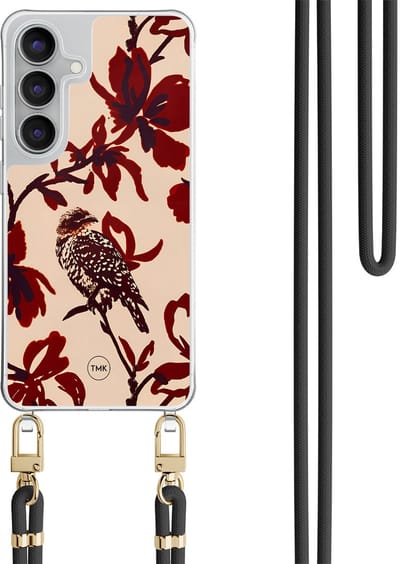 Telefoonhoesje met koord geschikt voor Samsung S25 FE - Bloemenpracht - Inclusief Zwart koord - Transparant, Rood - Bloemen - Crossbody beschermhoes - Met Telefoonketting