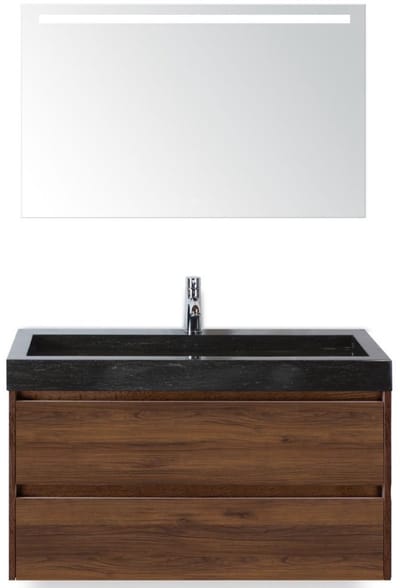 Dante Badmeubelset 100 cm - Walnoot - Wastafel Hardsteen Wit Lucca met Sence Spiegel