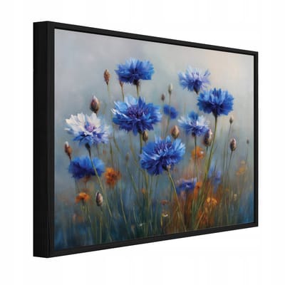 WALLARENA - Schilderij op canvas in zwarte lijst - 100x70 cm - blauwe bloemen - wanddecoratie woonkamer en slaapkamer