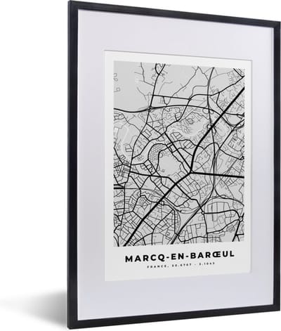 Fotolijst incl. Poster - Plattegrond – Marcq-en-Barœul – Stadskaart – Kaart – Frankrijk - 30x40 cm - Posterlijst