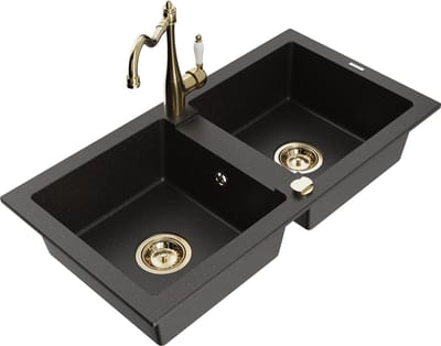 Mexen Mario granieten dubbele spoelbak met keukenmengkraan Carla, zwart/goud metallic - 6504-75-670700-50
