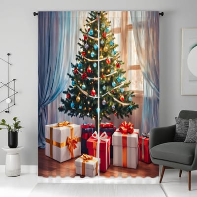 2 pièces HD Rideau arbre de Noël sous boîte cadeau exquise Vert cravate rideau imprimé numérique Décoration de style décoration de maison li W52H63inchW132H160cm gray