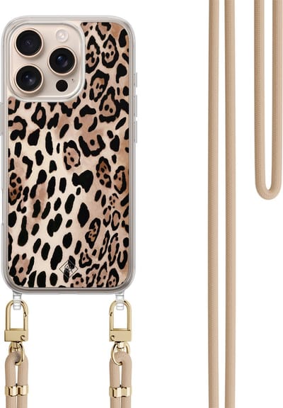 Casimoda® hoesje met koord - Geschikt voor iPhone 16 Pro - Luipaard print bruin - Afneembaar koord - TPU/polycarbonaat - Bruin/beige