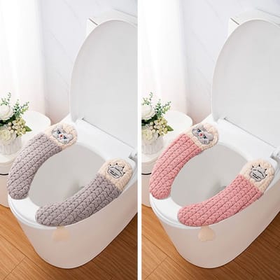 Set van 2 paar Zachte WC-brilkussens met 3D Kattenmotief (Grijs & Roze) – Comfortabele, Warmtegevende Toiletbrilhoezen met Trekker, voor Hygiëne en Speelse Sfeer in de Badkamer