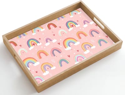 Dienblad hout 50x35 cm - Schootdienblad - Regenboog - Patroon - Pastel - Borrelplank rechthoek - Plateau dienbladen