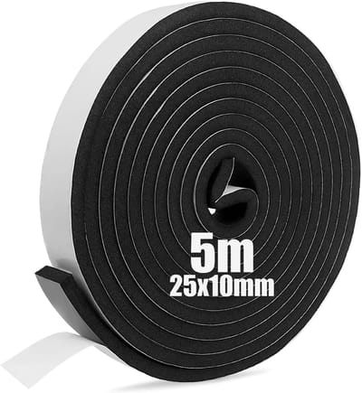 Famanu – Zelfklevende schuimstrip, 25 mm (B) x 10 mm (D) x 5 meter (L), weerbestendig en geluidsisolatie voor ramen en deuren