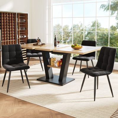 MODFU - Eethoekset - Uitschuifbare Tafel Met 4 Stoelen - Modern - Voor Keuken En Woonkamer - MDF En Fluweel - Zwart/Naturel