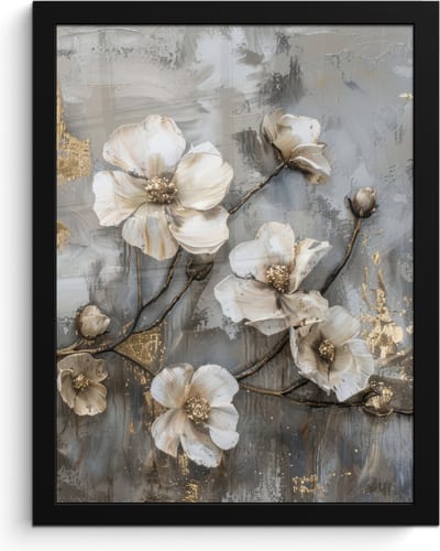 Poster in lijst - Fotolijst 30x40 cm - Posters - Bloemen - Wit - Grijs - Goud - Luxe - Posterlijst zwart - Decoratie - Wanddecoratie woonkamer - Muurdecoratie slaapkamer