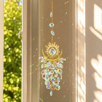 Kristallen Suncatcher Zon & Maan – Regenboog Raamhanger – Acryl Kristallen – 38 cm – 84 g – Goudkleurig – Voor Raam, Woonkamer & Tuin – 1 stuk