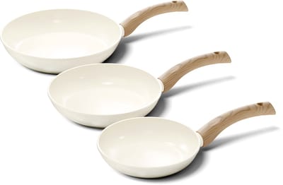 Cook & Pan 3-Delige Koekenpan Pannenset Crème Ø 20, 24 & 28 cm - PFAS vrij - Alle Warmtebronnen - Koekenpannenset met 7 jaar Garantie - Krasbestendige Anti Aanbaklaag - Vaatwasserbestendig - Gas, Inductie, Elektrisch, Oven - Koekenpan Set - Beige
