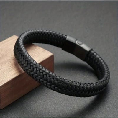 Sjika - Leren Armband Heren Zwart – Gevlochten Heren Armband met Magnetische Sluiting – Stoere Minimalistische Mannen Armband - Cadeau voor hem