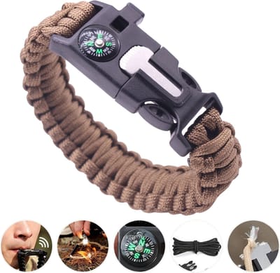 Outdoor survival Armband Bruin - 5 in 1 met Vuursteen (magnesium stick), Paracord, Kompas, Noodfluit en Schraper