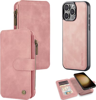 Casemania Hoesje Geschikt voor Apple iPhone 16 Pro - Pale Pink - 2 in 1 Magnetic Book Case met Rits