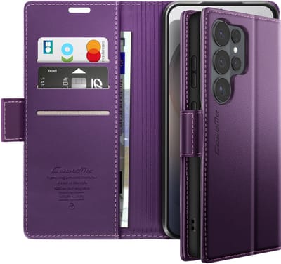 Caseme, Etui Geschikt voor Galaxy S26 Ultra Anti-RFID Glanzend Ledereffect, Donkerpaars
