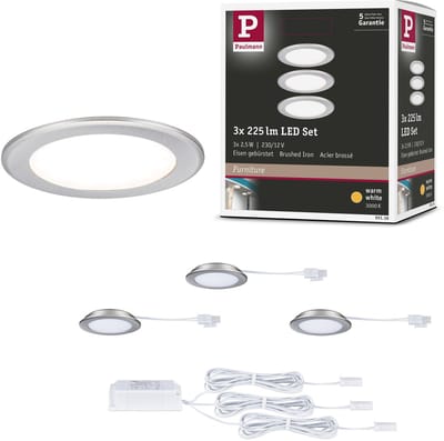 LED-meubelinbouwlampen Set van 3 rond 65 mm 3x2,5W 3x180lm 230/12V 3000K Staal geborsteld