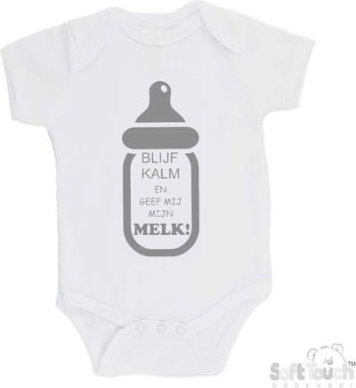 100% katoenen Romper "Blijf kalm en geef mij mijn MELK!" Unisex Katoen Wit/grijs Maat 56/62