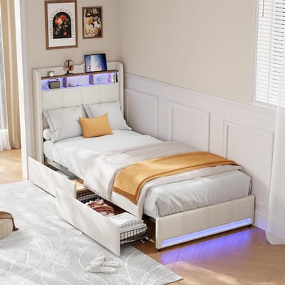 Tienerbed met LED - Eenpersoonsbed Opbergruimte - Moderne Slaapkamer - Geïntegreerde USB-poorten - 90x200 cm - Beige