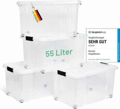 Novaliv 4x opbergdozen met deksel, groot 55L, transparant, nestbaar, stapelbaar met clipsluiting, roldozen, kunststof, BPA-vrij, 61x40x32,5 cm