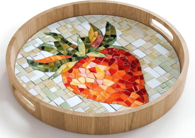 Dienblad rond 40x40 cm - Schootdienblad hout - Aardbei - Rood - Mozaïek - Fruit - Borrelplank rechthoek - Plateau houten dienbladen