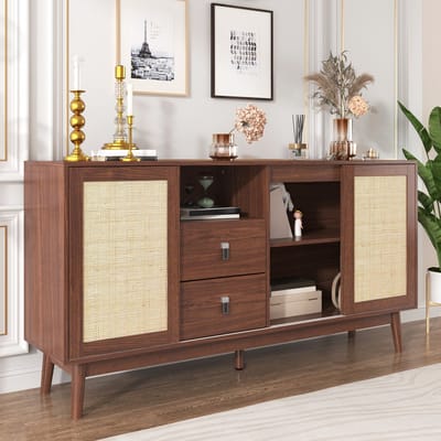 DESMIU Dressoir - Met Schuifdeuren Van Rotan En 2 Laden - Veel Opbergruimte Voor Woonkamer En Hal - MDF En Spaanplaat - 155x38x80 Cm