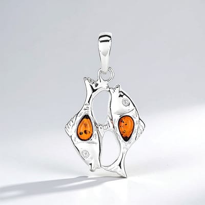 Cavill - Zilveren Hanger met 2 Peervormige Baltische Barnsteen - 925 Sterling Zilver - 0,16 ct - Elegant Maritiem Vis Design